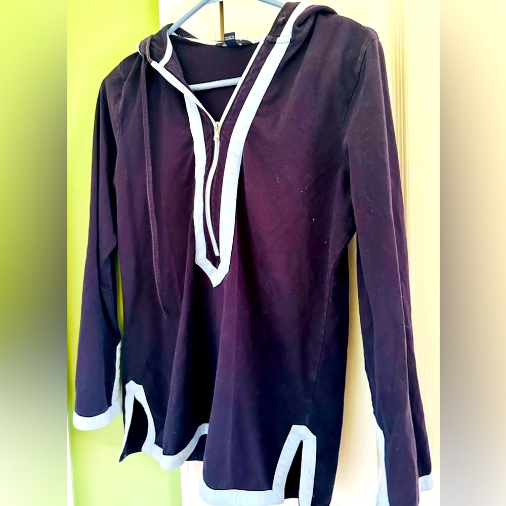 Lands End Womens Navy‎ Blue Light Blue Trim Quarter Zip Hooded Tunic Top S 6-8